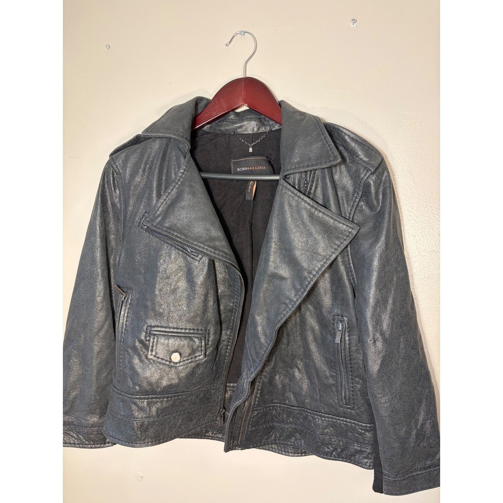 BCBGMAXAZRIA Womens Metallic Grey Leather Moto Biker Jacket Large